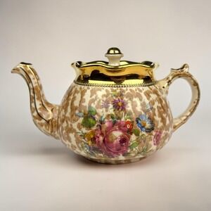 Arthur Wood Staffordshire England Teapot 3726 Gilt Gold Brown Sponge Floral